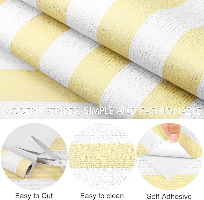 Yellow White Peel and Stick Wallpaper 15.7"x118" Modern Stripe Wallpaper | Self-adhesive Contact Paper for Cabinets Furniture Renovate Wall Covering - Image 2