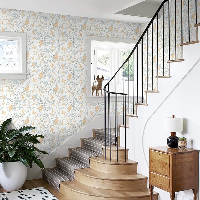 Yellow Wallpaper Floral Peel and Stick Wallpaper Boho Light Blue and Yellow Wall Paper Bird Botanical Contact Paper for Cabinets Renter Friendly Self-Adhesive Bathroom Bedroom 393"×17.3" - Image 6