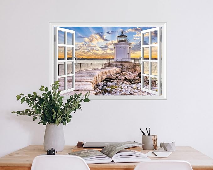 FLFK Fake Window Wall Sticker - Shoreline Lighthouse Faux Window Wall Mural for Wall Decor, Stick and Peel Wall Decals,24"x16" - Image 4