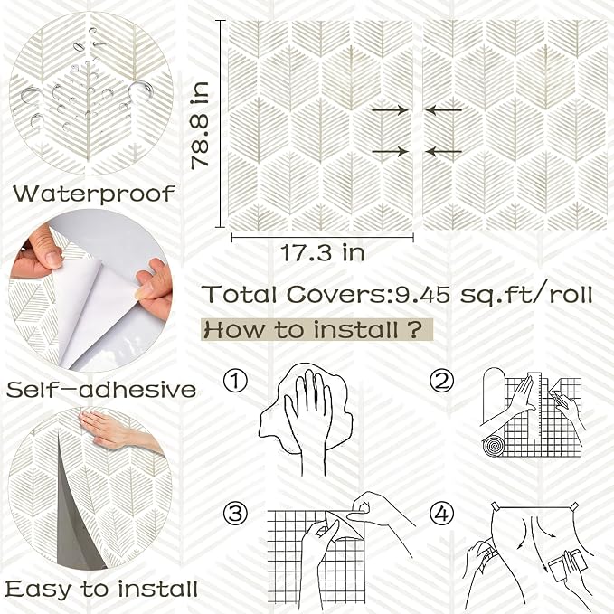 OSECAGE Geometric Peel and Stick Wallpaper Boho Contact Paper 17.3''×78.8'' | Modern Self Adhesive Wallpaper Removable White and Beige Wall Paper Decorative for Bedroom Bathroom Cabinets Decor Vinyl Roll - Image 3