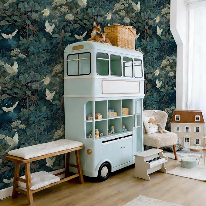 Vintage Night Dove Floral Botanical Peel and Stick Wallpaper | Deep teal moonlit forest dove and blossom print, Removable waterproof vinyl wall covering, bedroom accent wall decor - Image 3