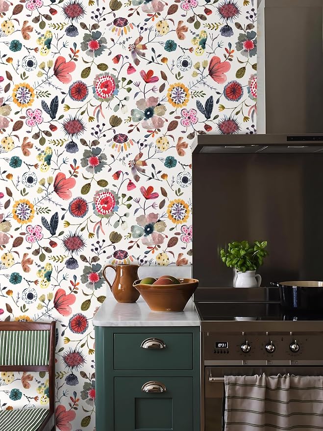 Wallpaper Peel and Stick Floral Wall Paper Removable Waterproof White/Green/Red Contact Paper for Bedroom, Bathroom, Home Wall 17.3" x 118" - Image 4