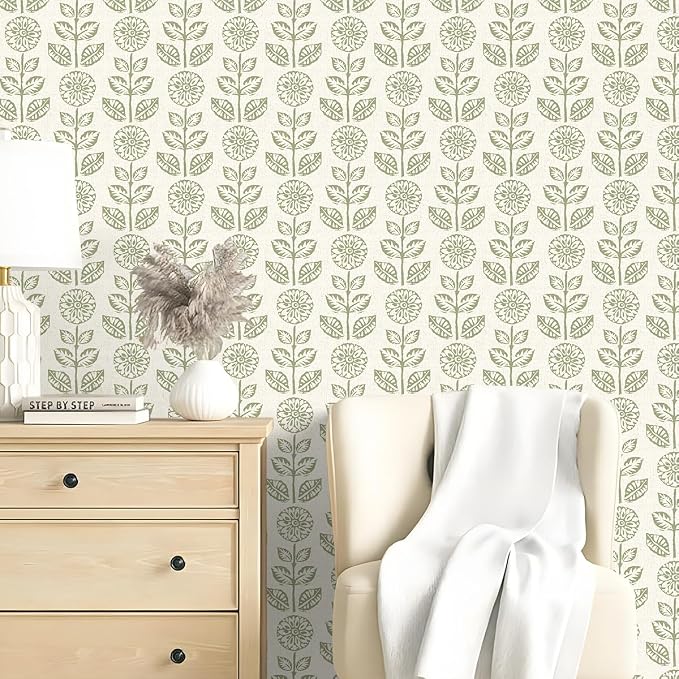 Wudnaye Floral Wallpaper Peel and Stick Boho Contact Paper 17.7in×118in | Vintage Floral Peel and Stick Wallpaper Boho Self Adhesive Wall Paper Beige Green Waterproof Removable Wallpaper for Bathroom - Image 8