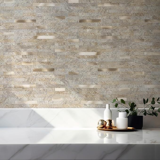 StyloVue 20 Sheets Peel and Stick Backsplash, Dark Beige with Metal Gold Look PVC Wall Tiles Upgrade Your Kitchen Backsplash, RV, Fireplace - Image 2