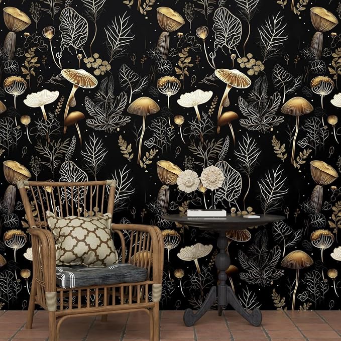 Laatse Dark Mushroom Wallpaper Peel and Stick 17.5" x 787",Black Gold | Self Adhesive/Removable/Waterproof/Thick Vinyl Extra Long Contact Paper for Bathroom Bedroom Shelf Cabinet Drawer,Prepasted - Image 2