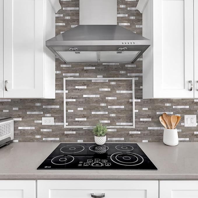 Yipscazo 10 Sheets Peel and Stick Wood Metal Tile Backsplash, Stick on Tiles for Backsplash Kitchen, Bathroom, Laundry Room, Camper, Fireplace (12'' X 12'', Light Brown Wood) - Image 3