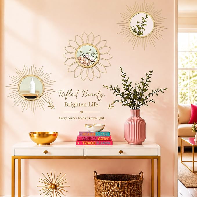 3 Pack Metal Mirrors for Wall Sunburst Wall Mirrors Home Décor Decorative Hanging Wall Art for Living Room Bedroom Entryway (Gold, Flower+Sunburst) - Image 5