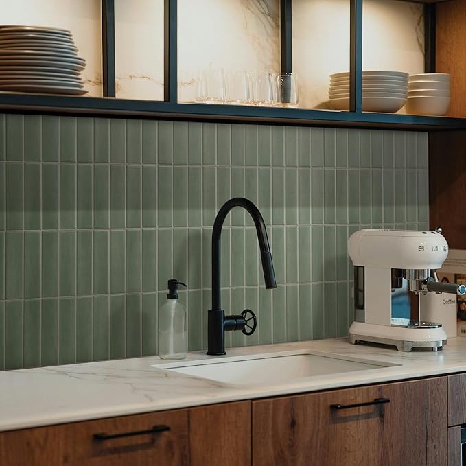 Smart Tiles Peel and Stick backsplash, Stacked Olive Green, 11.43"x9" | Pack of 5 (3.5 sq ft), Matte, Heat/Moisture Resistant, Low VOC, Kitchen/Bathroom, Renter Friendly, Made in Canada - Image 2