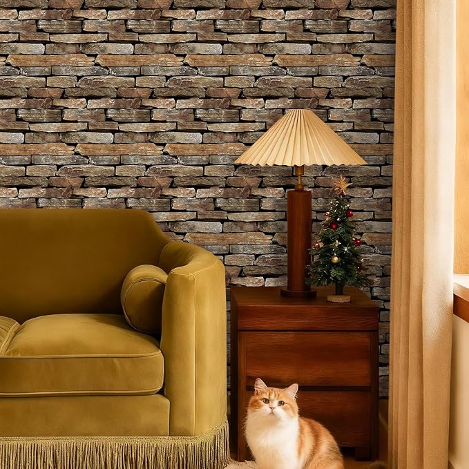3D Peel and Stick Faux Stone Wall Panels 11.8" x 11.8" 10-Pack | Brown with Green, Stone-Look Textured Wall Sticker, Thin PVC Self Adhesive Wall Tiles for Interior Decor, Cover 9.7 sq ft - Image 2