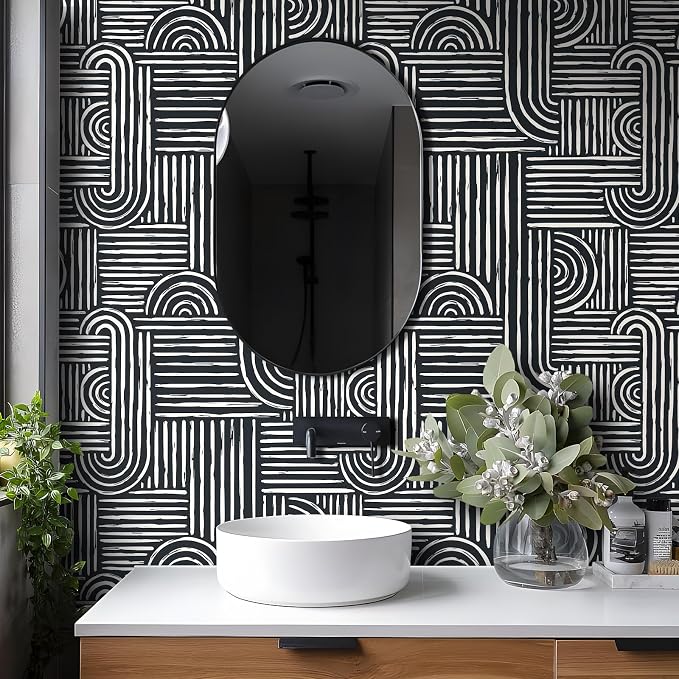 Livelynine Geometric Peel and Stick Wallpaper Black and White Modern Mid Century Geometric Abstract Wall Paper Contemporary Minimalist Lines 17.5x78.8 Geometric Pattern Contact Paper for Cabinets - Image 3