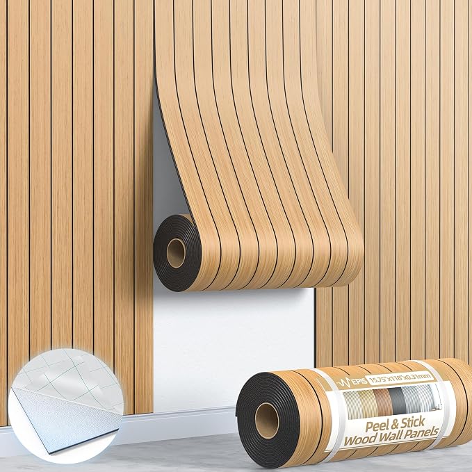 Peel and Stick Wood Slat Wall Panels, 3D PVC Faux Teak Wood Grain Wallpaper | 15.75"x118" Soundproof Wall Panels with Self Adhesive, Wall Coverning for Accent Walls Ceiling Bedroom Bathroom Kitchen Decor by NEPIS