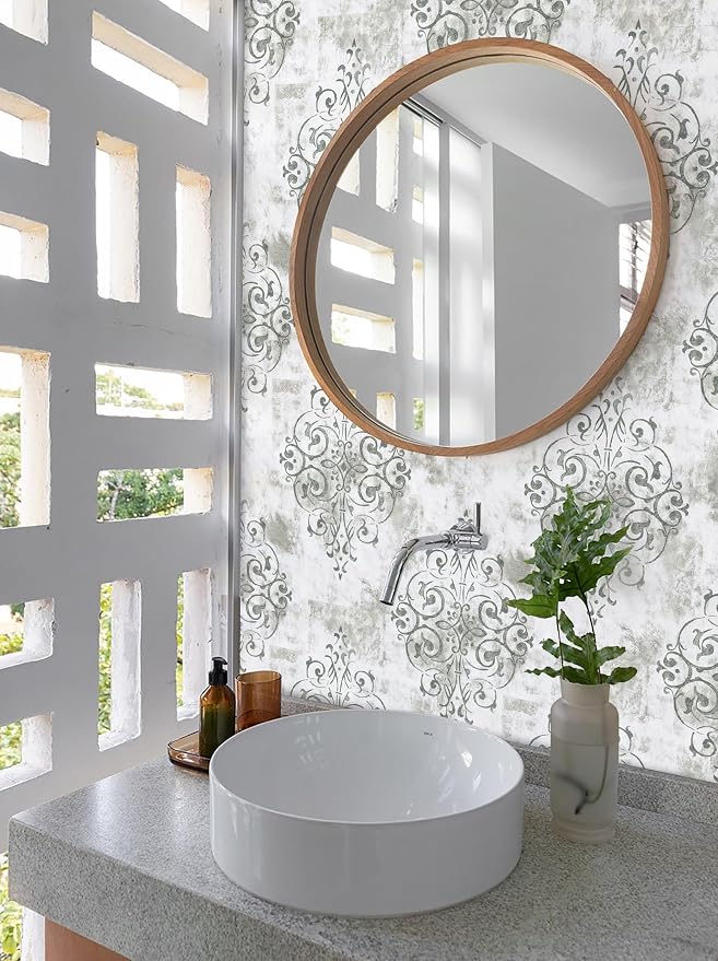 HAOKHOME White Gray Damask Peel and Stick Wallpaper Vintage Victorian | Textured Removable Wall Paper Victorian Farmhouse French Country Waterproof Neutral Brown Bathroom Bedroom 17.3in x 9.8ft - Image 6