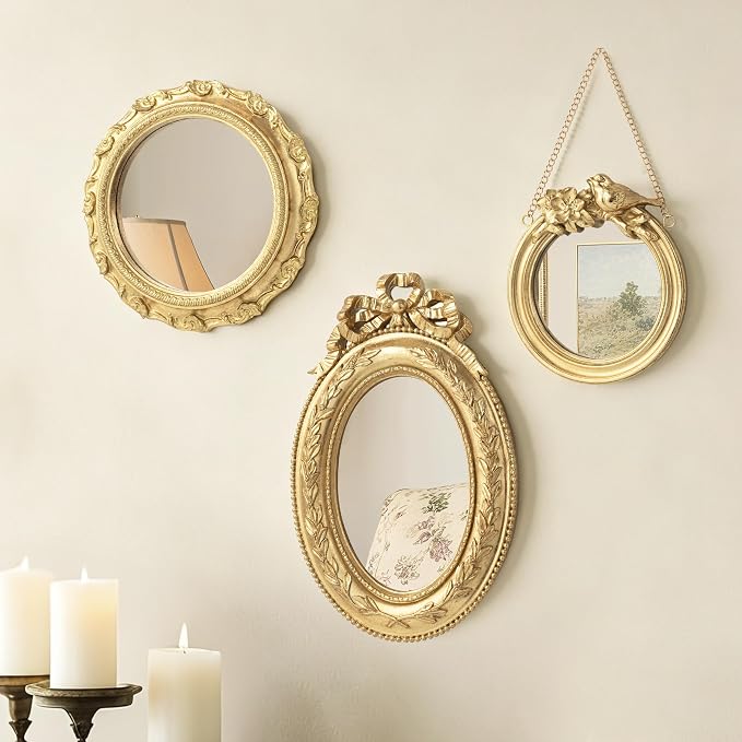 AELS 3 Pack Small Antique Gold Mirror Wall Decor, Wall Hanging Mirror, Luxury Home Decor, Vintage Wall Mirror, Small Decorative Mirrors for Living Room Entryway Bedroom, Bird Bow by AELS