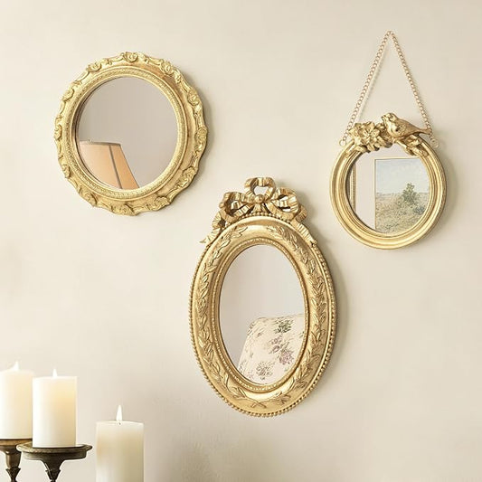 AELS 3 Pack Small Antique Gold Mirror Wall Decor, Wall Hanging Mirror, Luxury Home Decor, Vintage Wall Mirror, Small Decorative Mirrors for Living Room Entryway Bedroom, Bird Bow by AELS