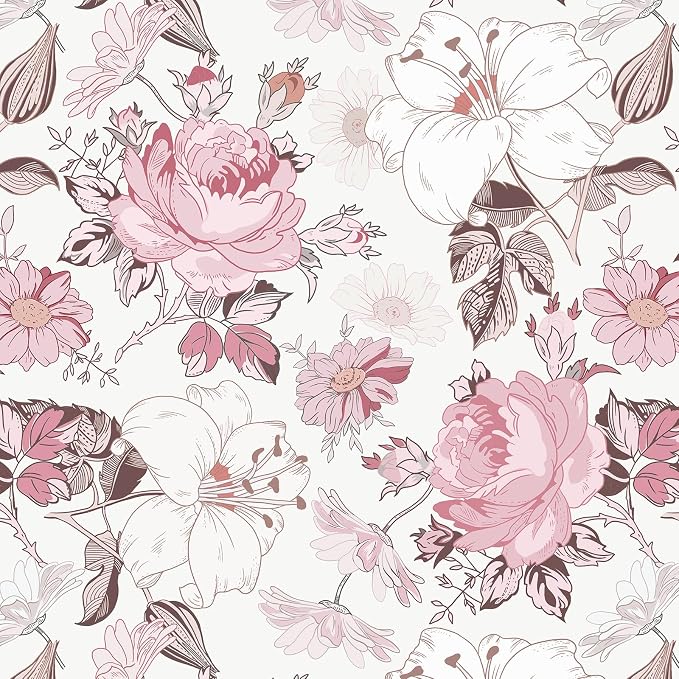 Hopepak 16.1''x394'' Floral Peel and Stick Wallpaper Modern Pink Contact Paper Removable Self Adhesive Wall Paper for Bedroom Bathroom Cabinets Decor Waterproof Vinyl by Hopepak