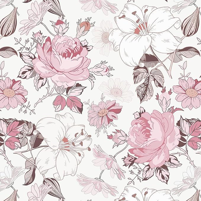 Hopepak Floral Peel and Stick Wallpaper Modern Pink Wall Paper Self Adhesive Removable Contact Paper for Girls Bedroom Cabinets Bathroom Nursery Home Decoration 16.1'' x 118'' by Hopepak