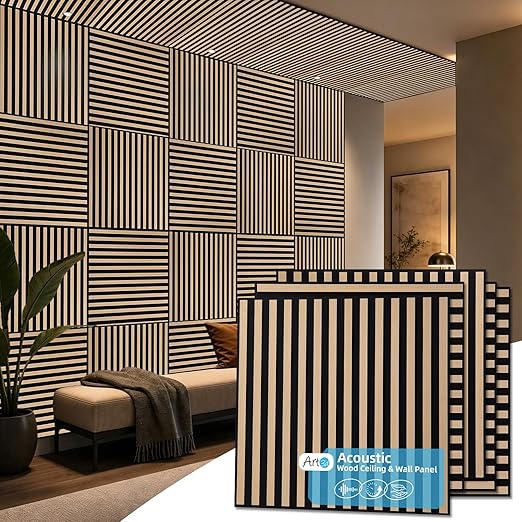 Art3d 6-Pack Acoustic Wood Slat Panel & Ceiling Tile, 2 x 2 ft, Natural Oak | Crack-Resistant, Scratch-Resistant, Eco-Friendly, Durable, Grid Compatible, Ideal for Living Room, Bedroom & Home DIY Upgrade by Art3d