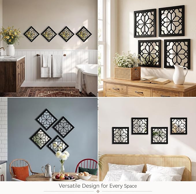 ZEXUIRU 4 Set Rustic Wall Mirrors for Bedroom Bathroom Living Room Entryway Wood Farmhouse Square Easy to Hang Framed Decorative Accent Hanging Wall-Mounted Mirror Set for Living Room - Black - Image 6