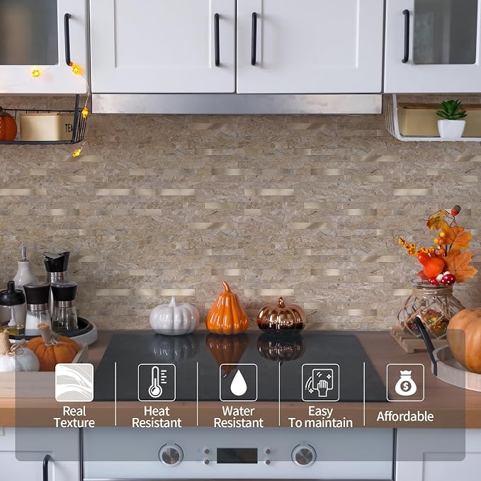Yipscazo 10 Sheets Peel and Stick Stone Metal Tile Backsplash, Stick on Tiles for Backsplash Kitchen, Bathroom, Laundry Room, Camper, Fireplace (12'' X 12'', Rustic Stone) - Image 3