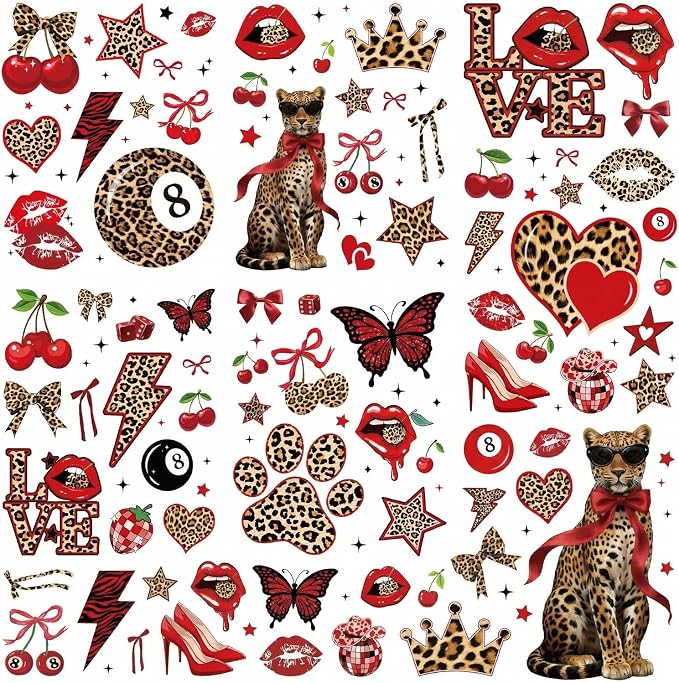 Wxiben Red and Leopard Room Decor - 200 Pcs Cheetah Print Wall Decals, Cherry Cheetah Stickers, Coquete Peel and Stick Wall Decals for Home Bedroom Living Room Apartment Dorm by Wxiben