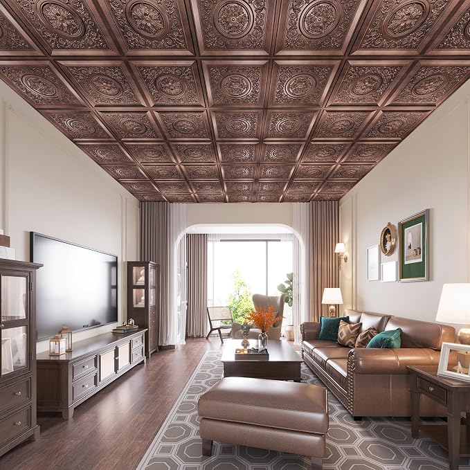 WOWSTAR 12-Pack 24"x24" 3D Drop Ceiling Tiles, Waterproof Glue up Ceiling Panels, Antique Copper | PVC ceiling panels, 24"x24", waterproof, glue-up install, basement kitchen bathroom, 12-pack - Image 2