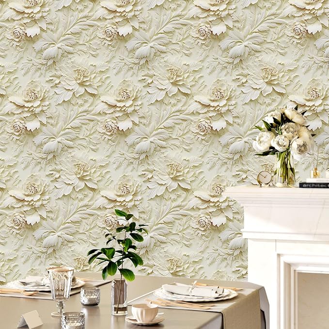 3D Embossed Wallpaper Peel and Stick Cream Floral Contact Paper | Nature Peony Flower Wallpaper Flat Printed Faux Sculpted Floral Sticker for Living Room Bedroom Bathroom Mural 17.5"x102" - Image 7
