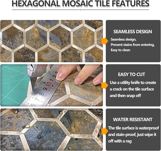 STICKGOO Hexagon Peel and Stick Backsplash Tile, Stick on Backsplash for Kitchen and Bathroom, Rust Slate Look PVC Mixed Metal Gold Self Adhesive Metal Mosaic Tiles(10 Sheets, Seamless) - Image 5