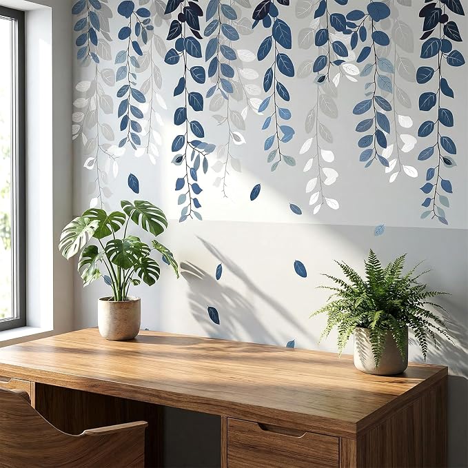 Navy Blue Grey Hanging Eucalyptus Leaves Vine Wall Decals Decor Stickers | Removable vinyl wall sticker for bedroom nursery living room dorm offfice decor, DIY botanical mural, peel and stick wall art - Image 6