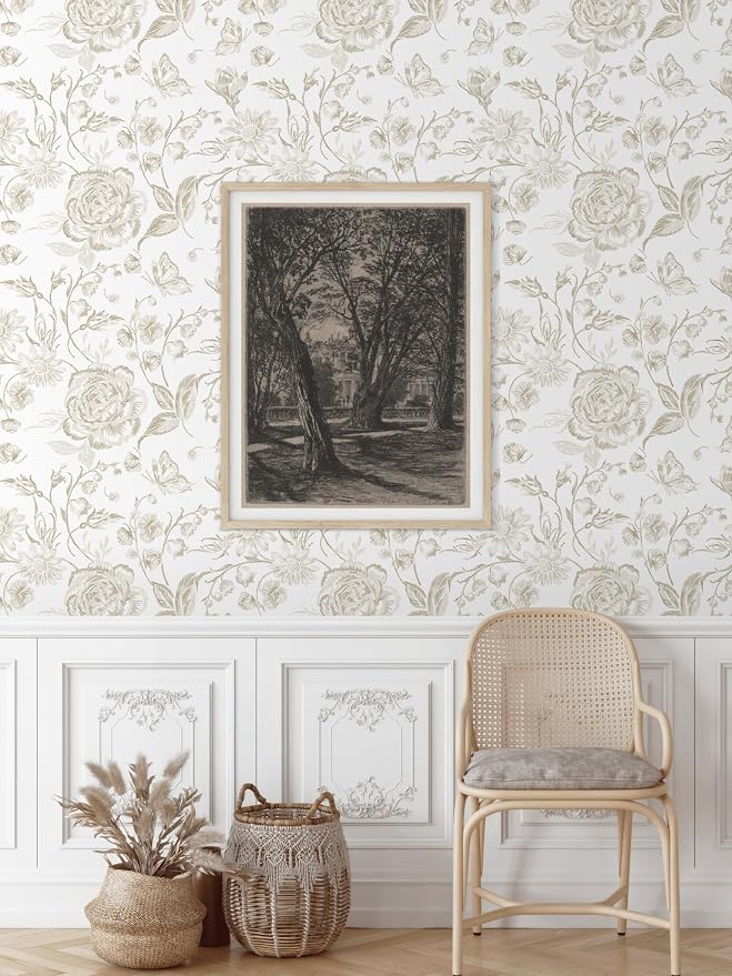 Floral Peel and Stick Wallpaper Boho Beige Contact Paper Neutral Farmhouse Vintage Wall Paper Removable Self Adhesive Wallpaper Bedroom Cabinet Bathroom Waterproof Vinyl Roll 17.3" x 78" - Image 2