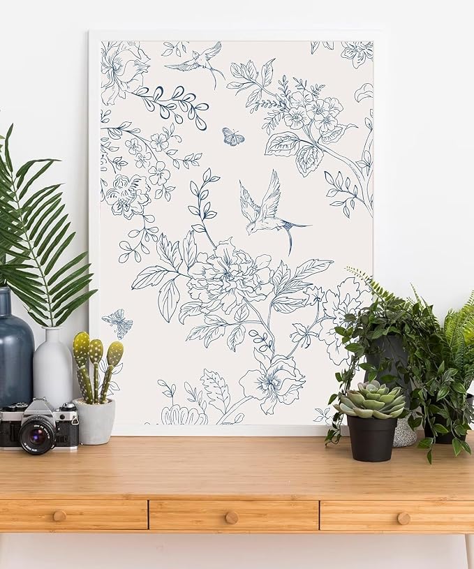 Froluya Cream White and Blue Peel and Stick Wallpaper Floral Contact Paper | 17.7in×590.5in Blue Floral Wallpaper Peel and Stick Vintage Flower Bird Self Adhesive Removable Wall Paper for Bathroom Vinyl - Image 7