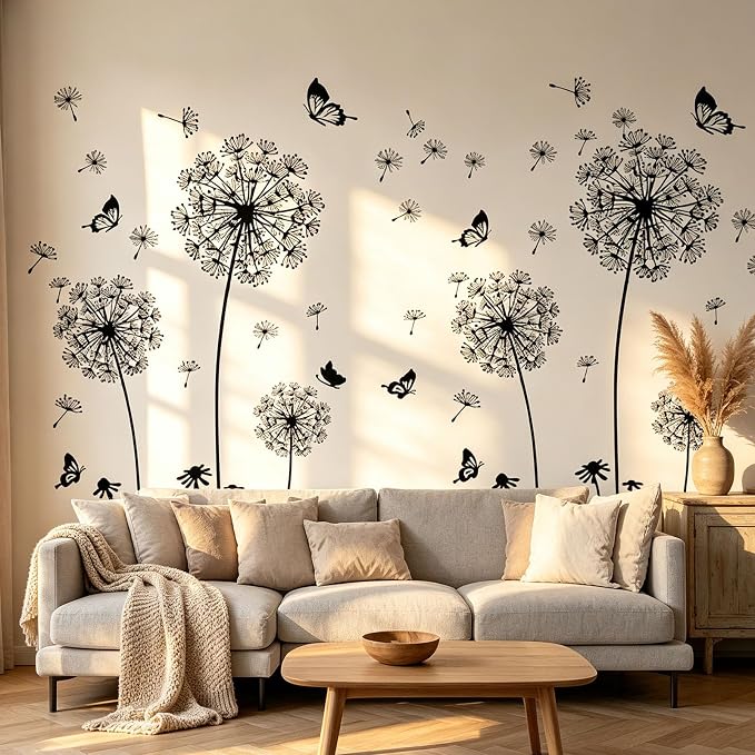 Arawat 2 Set Dandelion Wall Decals, Flower Stickers, Murals With Butterflies for Bedroom, Office, Bathroom, Living Room - Removable Floral Peel and Stick Art Decoration by ARAWAT