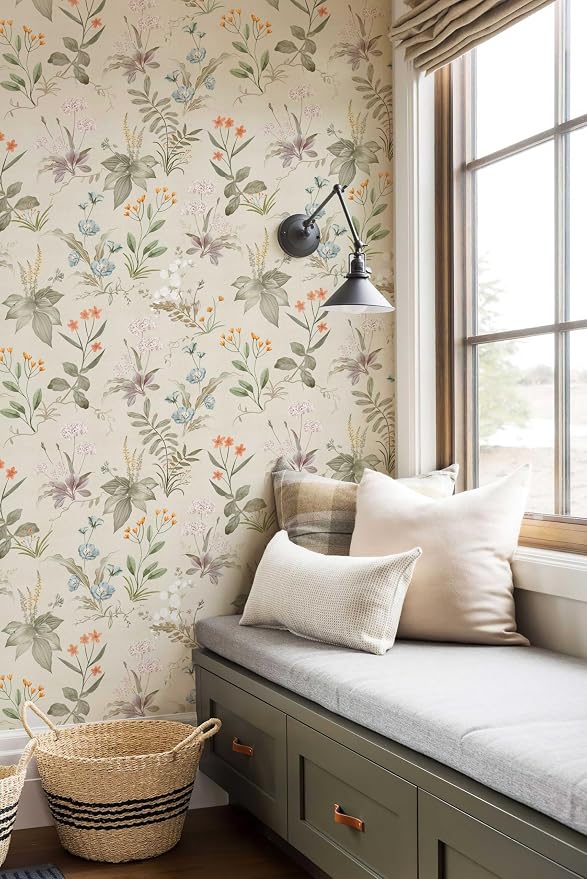 Simon&Siff Vintage Floral Peel and Stick Wallpaper 17.3" x 1200" | Beige Botanical Contact Paper, Self Adhesive Removable Waterproof Wall Paper, Renter Friendly, Bedroom Cabinets DIY Decor - Image 5