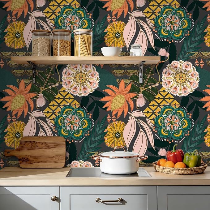 HAOKHOME Funky Peel and Stick Wallpaper Boho Tropical Floral Grey Vintage | Textured Removable Waterproof Renter Friendly Wall Paper Dark Gray Pink Green Banana Leaf Bathroom Bedroom 17.3in x 9.8ft - Image 2