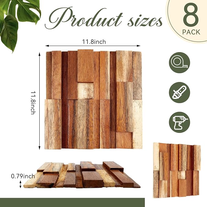 Kathfly 8 Pcs Wood Wall Panels, Reclaimed Real Teak Wood 3D Panels for Interior Accent Wall, Mosaic Paneling Tiles, Natural DIY Decor for Living Room, Bedroom, Office, Covers 7.68 Sq ft - Image 3