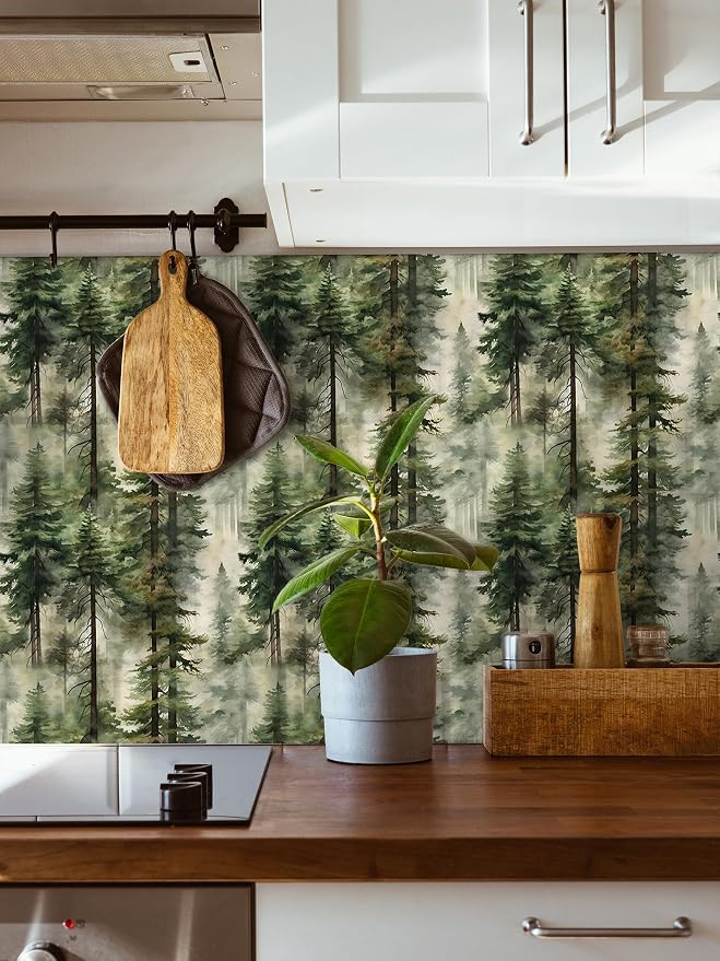 HAOKHOME Forest Wallpaper Peel and Stick Tree Green Woodland 17.3in x32.8ft | Stickly Mural Textured Removable Wall Paper Modern Landscape Mountain Botanical Waterproof for Bathroom Bedroom Contact Paper - Image 3