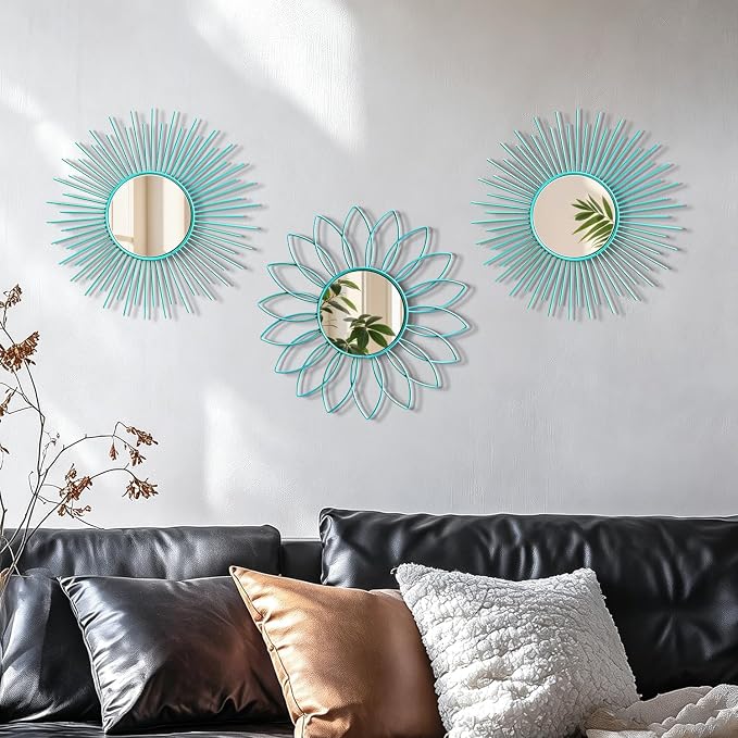 3 Pack Metal Mirrors for Wall Sunburst Wall Mirrors Home Décor Decorative Hanging Wall Art for Living Room Bedroom Entryway (Greenish Blue, Flower+Sunburst) - Image 5