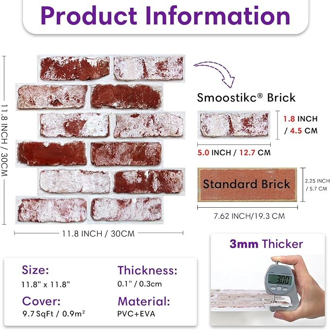 3D Faux Brick Wall Panels Peel and Stick, Designed for Quick DIY | Red, 10 Pcs 11.8" x 11.8", Small Brick-Look, Ultra-Light PVC Fake Brick Wall Covering for Wall Renovation, Cover 9.7 sq ft - Image 3
