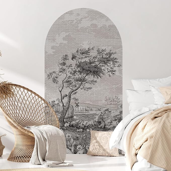 Large Arch Wall Decals Rustic Huge Headboard Sticker Black and White Sketching Country Landscape Wall Sticker Large Farmhouse Accent Bed Wall Decal Decor for Bedroom Living Room(63"x 34.6") by HueBurst