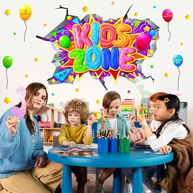 Kids Playroom Wall Decals Colorful Kids Zone Signs 3D Broken Wall Stickers | Multicolor inspirational quotes, kids room signs, peel and stick, removable vinyl art murals, for classroom nursery bedroom - Image 5