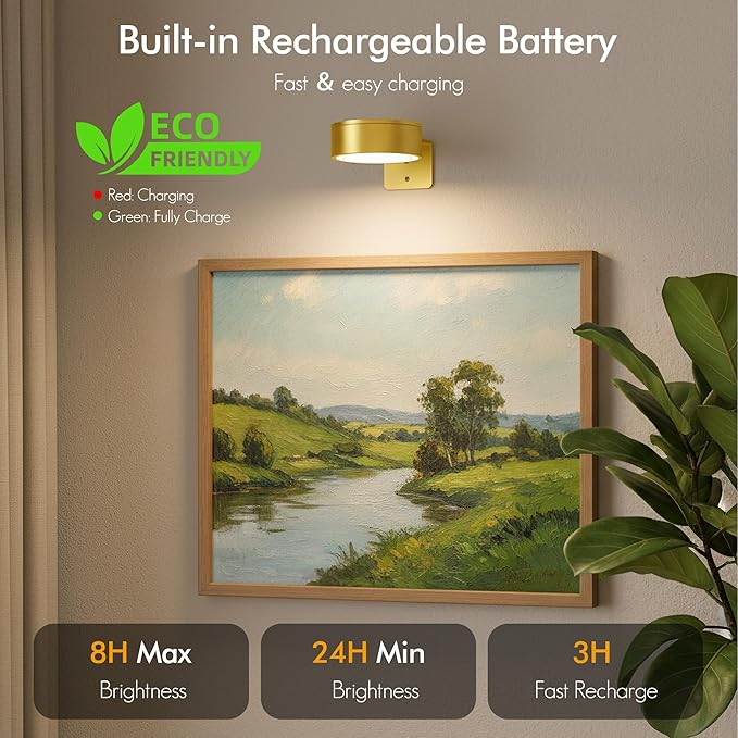 Picture Lights for Wall, Rechargeable Battery Wireless Poster Lights, Gold | LED Magnetic Painting Light with Remote Dimmable, Timer＆3 Lighting Modes, Wall Decor Puck Light for Frame Art Display, 3 Pack - Image 4