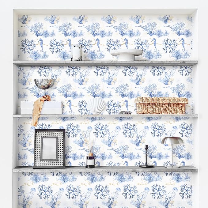 RUSPEPA Peel and Stick Wallpaper, Blue Ocean Theme with Coral Reef and Marine Life Design, Coastal Self-Adhesive Waterproof Contact Paper for Cabinet, Bathroom, Bedroom Decor, 17.3 Inch x 6.5 Feet - Image 3