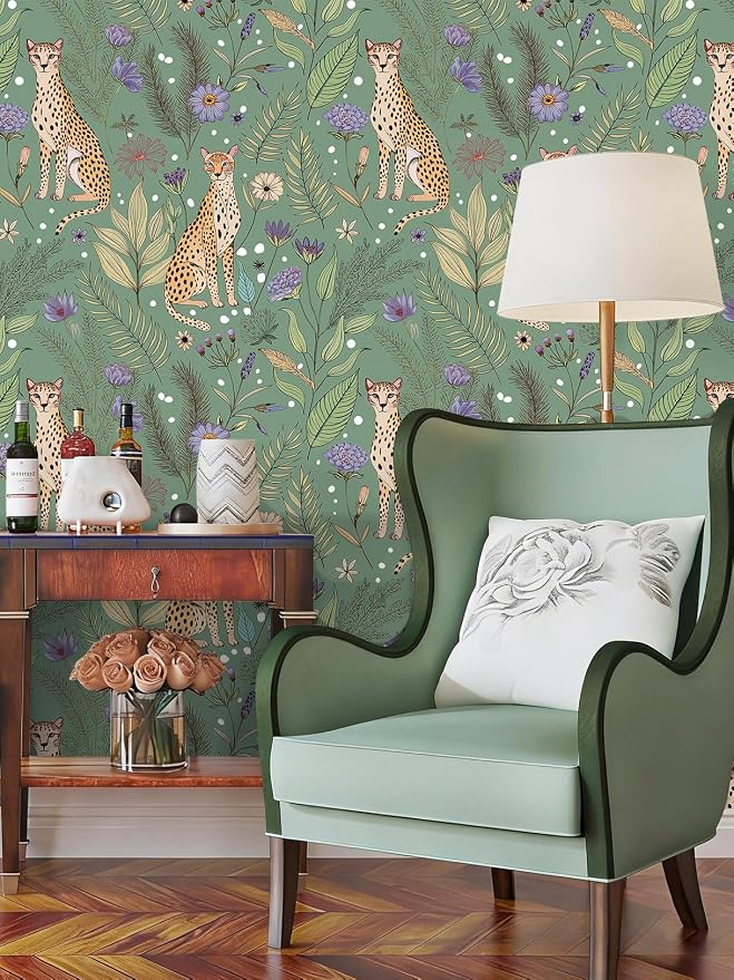 Floralplus Cheetah Peel and Stick Wallpaper Sage Green Wallpaper | Renter Friendly Wallpapers for Bathroom Jungle Leopard Textured Removable Contact Paper for Kitchen Bedroom 17.5 x 118 in - Image 3