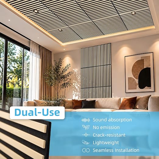 Art3d 6-Pack Acoustic Wood Slat Panel & Ceiling Tile, 2 x 2 ft, Ashtree | Crack-Resistant, Scratch-Resistant, Eco-Friendly, Durable, Grid Compatible, Ideal for Living Room, Bedroom & Home DIY Upgrade - Image 5