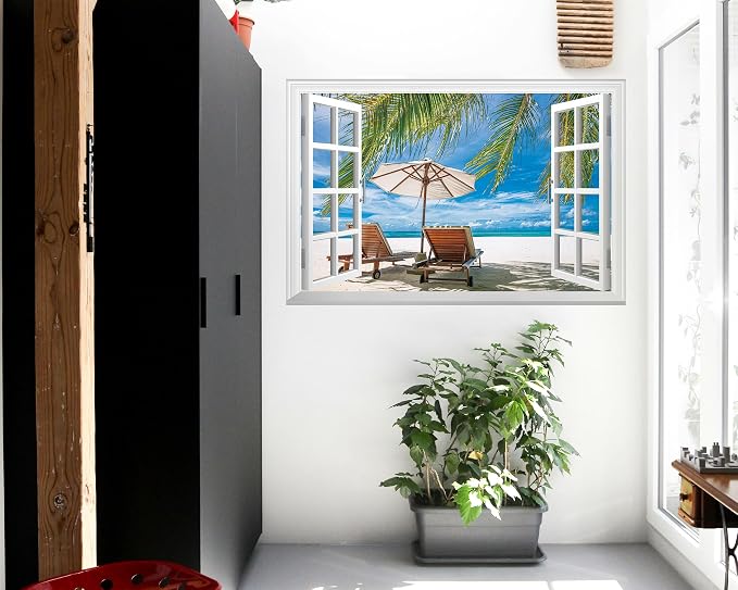 FLFK Fake Window Wall Mural - Ocean Beach Faux Window Wall Sticker for Wall Decor, Peel and Stick Wall Decals,48"x32",Set of 2 Sheets - Image 3