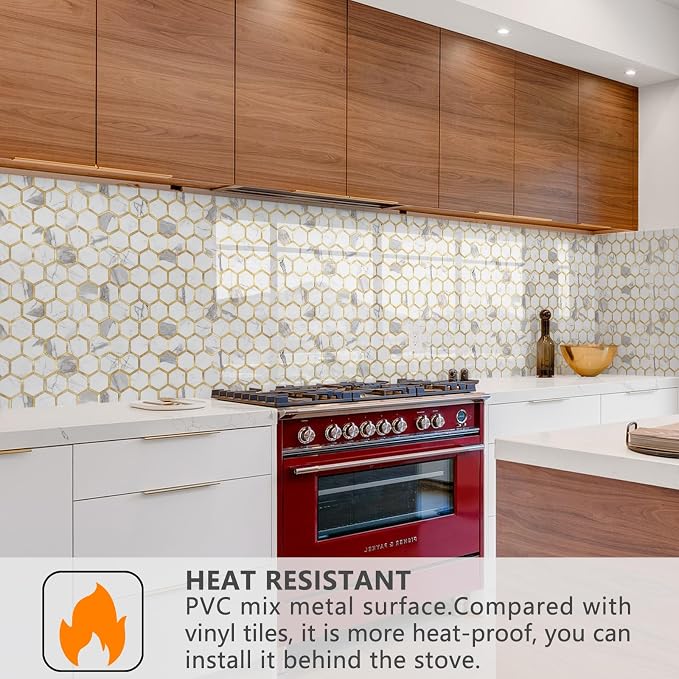 STICKGOO Hexagon Peel and Stick Backsplash Tile, Stick on Backsplash for Kitchen and Bathroom, Glossy Carrara White PVC Mixed Metal Gold Self Adhesive Wall Tiles(10 Sheets, Seamless) - Image 2