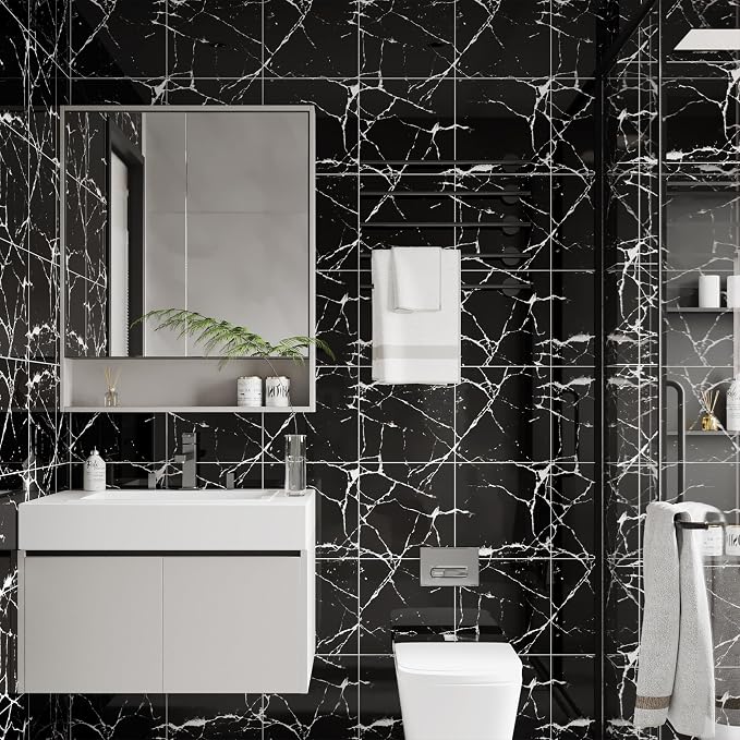 20pcs Black & White Marble Peel and Stick Shower Wall Panels | 11.8"x11.8",Total 19.4 Sq.Ft. Waterproof,Backsplash Tile,Stick on Wall,for Bathroom,Bedroom,Kitchen,Entryway - Image 2