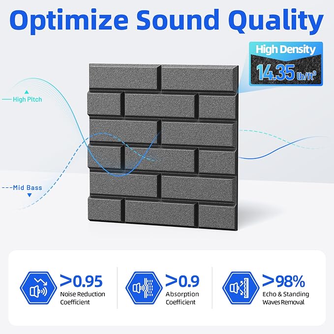 Self-Adhesive Acoustic Panels High Density Sound Proof Foam Panels for Wall | 16 Pack Brick Soundproof Wall Panels, 12" x 12" x 0.4" Sound Dampening Absorbing Panels for Home Studio Decor Office - Black - Image 3