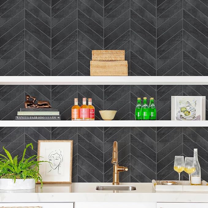 STICKGOO Herringbone Peel and Stick Backsplash, Shiny Black, 10 Sheets | 12.6 x 9.7 in, Thicker Rectangular Vinyl Stick-On Wall Tiles, Easy Alignment, Waterproof, Easy to Clean, Kitchen/Bathroom - Image 9