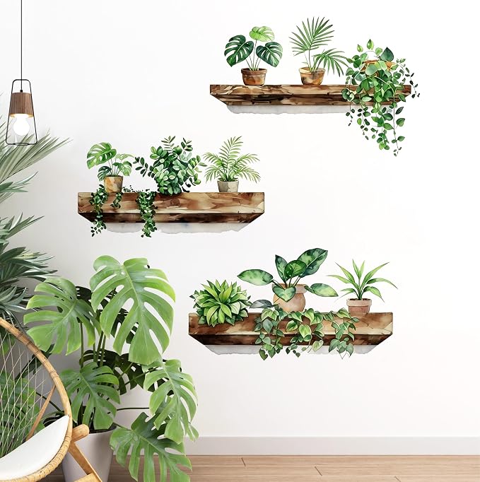 Green Plant Wall Decals - 3D Bonsai Tropical Vine Leaves Wall Stickers - Peel and Stick, Removable, Boho Hanging Potted Art Decor - for Living Room, Bedroom, and Home Office by Frzflv