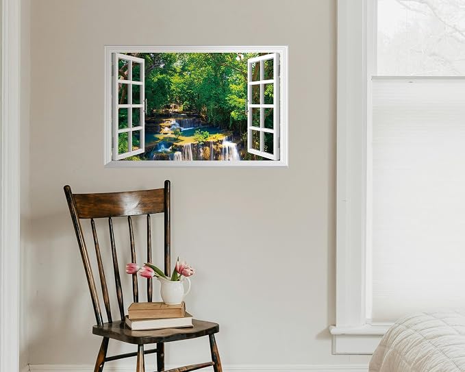 FLFK Fake Window Wall Decal - Jungle Waterfall Faux Window Wall Mural for Wall Decor, Peel and Stick Wall Sticker,24"x16" - Image 4